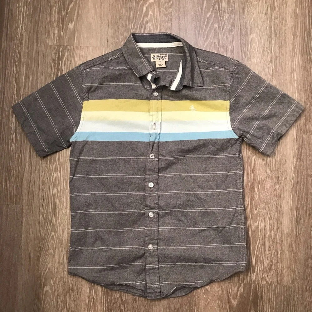 Original Penguin Boys‎ Grey Striped Button Down Shirt Size 8Y